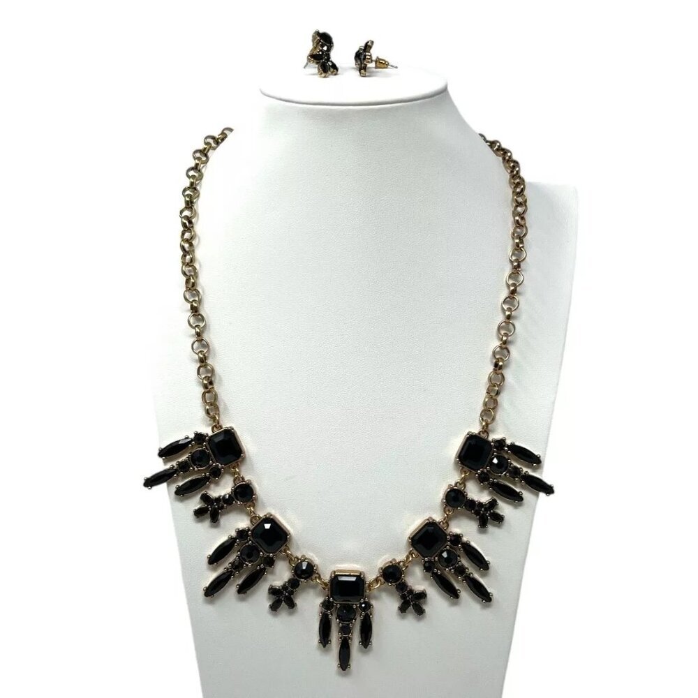 Black and Antique Goldtone Bib Statement Necklace and Earrings Set